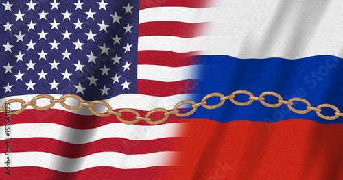 USA flag stars and stripes and Russian flag with a gold chain