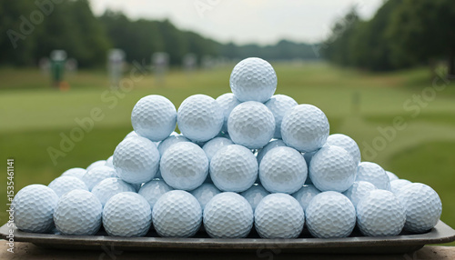 Stacked Golf Balls on Tray with Golf Course Background