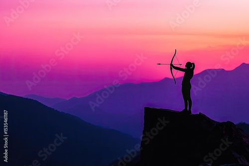 Silhouette of archer aiming at dawn over mountains