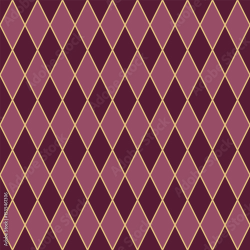 Dark red, pink, gold argyle seamless pattern. Rhombus, diamond shapes repeatable background for textile, fabric print, wrapping paper, wallpaper, book cover, invitation card, packaging design.