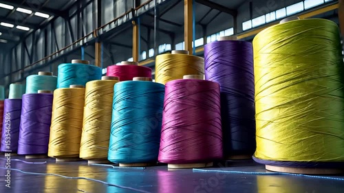 Colorful thread spools lined up on worktable inside modern textile manufacturing factory with even lighting