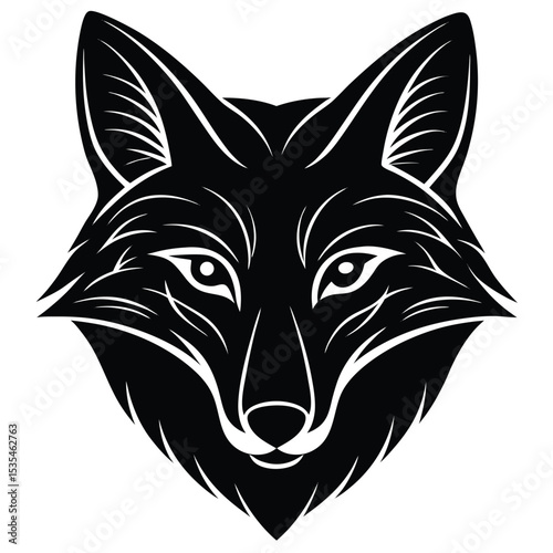 Majestic black and white vector illustration of a fox head facing forward