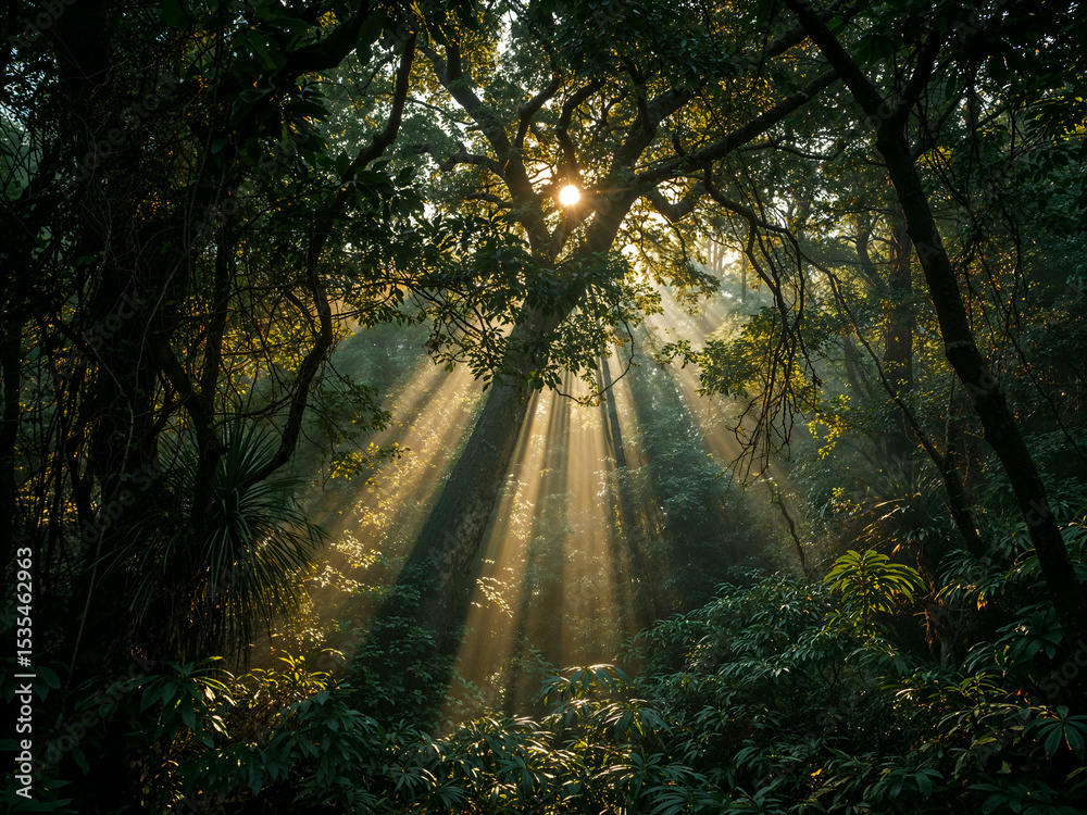 Obraz premium A Majestic Forest Canopy Bathed in Golden Sunlight, Rays Pierce Through Verdant Foliage Creating an Ethereal Atmosphere