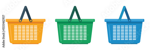 Three colored shopping baskets orange, green, and blue, representing retail, groceries, and e-commerce, ideal for conveying consumer purchasing