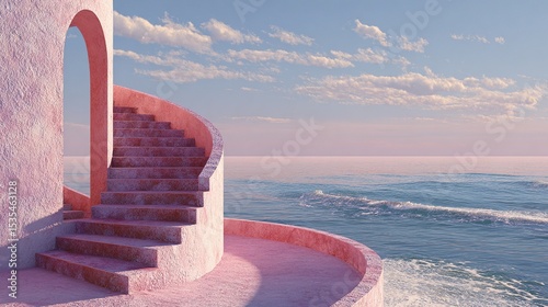 Pink spiral staircase overlooking the ocean under a beautiful, pastel sky.