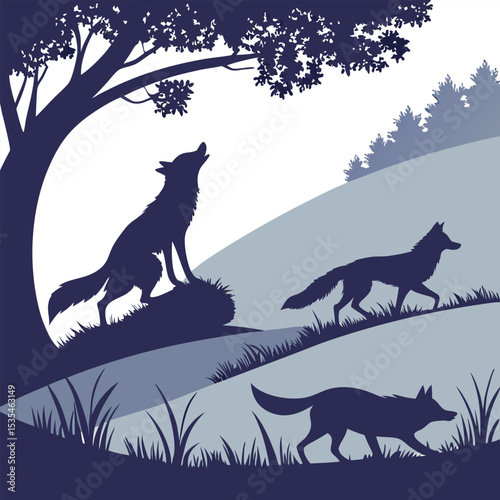 Silhouette illustration of wolves howling under a tree with a forest background