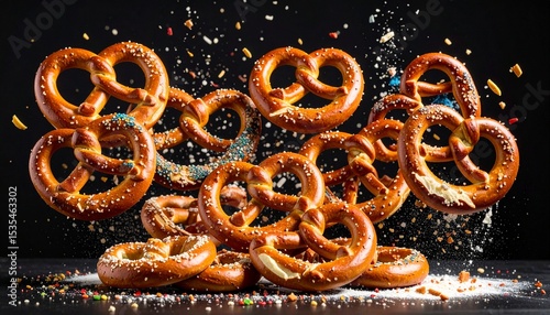 Colorful Pretzels in Motion with Flying Ingredients Against a Soft Pink Background – Vibrant Explosion of Flavors, Sprinkles, and Powdered Sugar in a Whimsical Display