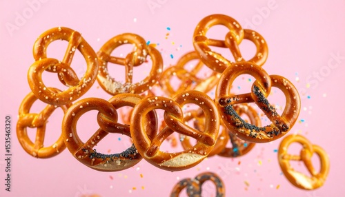 Colorful Pretzels in Motion with Flying Ingredients Against a Soft Pink Background – Vibrant Explosion of Flavors, Sprinkles, and Powdered Sugar in a Whimsical Display