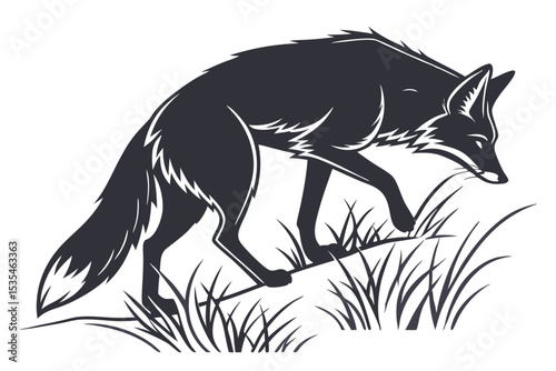 Silhouette of a hunting fox walking through grassy landscape in a simple vector illustration