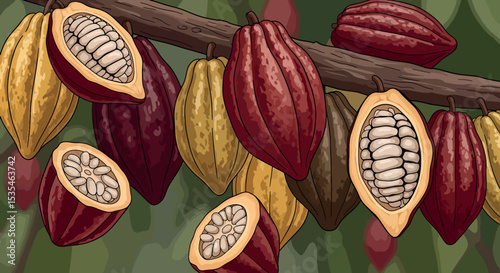 Organic Cacao Pods and Tree Branch Vector Pattern