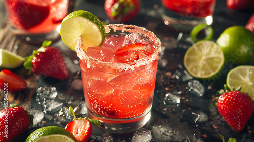 A refreshing strawberry margarita cocktail with lime garnish and salt rim served with ice and fresh strawberries on a dark surface