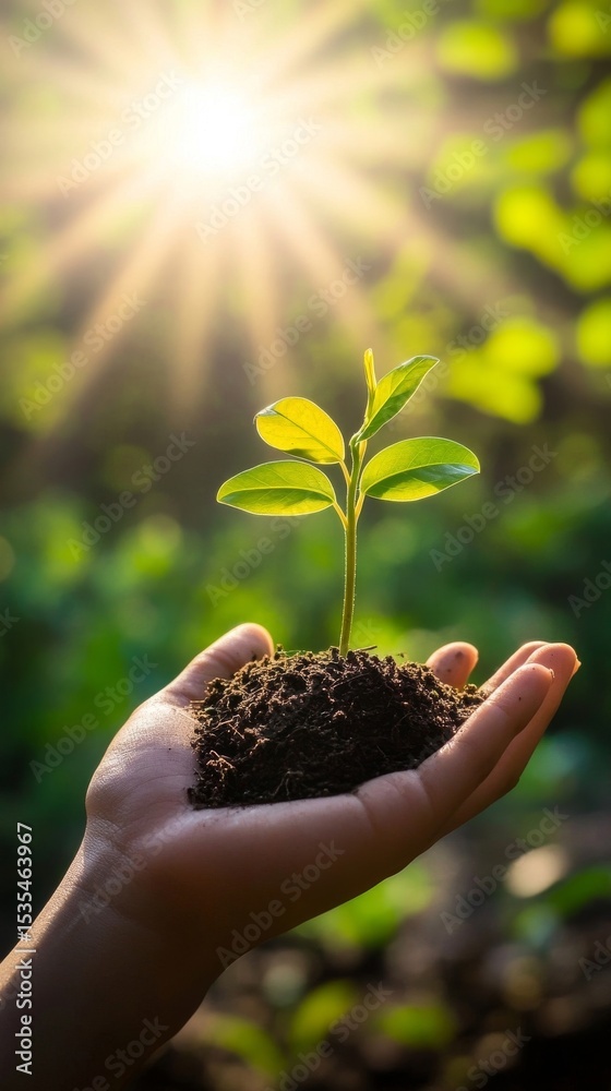 Sunlight Illuminates a Hand Holding a Young Sprout in Rich Soil: Nature's Renewal and Growth in a Lush Outdoor Setting Sunlight Illuminates a Hand Holding a Young Sprout in Rich Soil: Nature's Renewal and Growth in a Lush Outdoor Setting