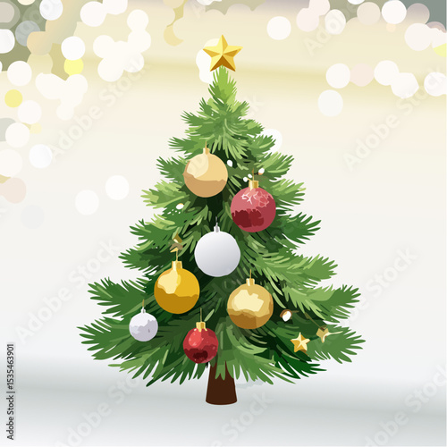Christmas Tree With Baubles And Blurred Shiny Lights