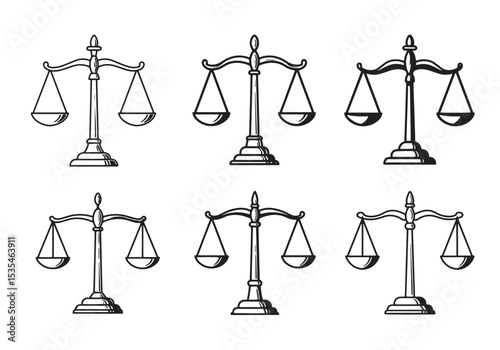 Collection of hand drawn scales of justice vector illustrations in black and white for law and legal