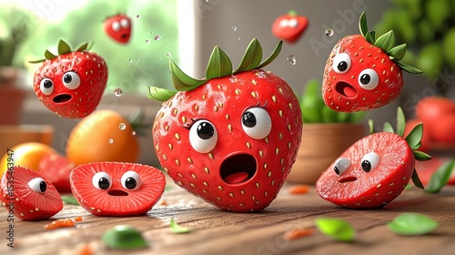 Animated strawberries on a wooden surface