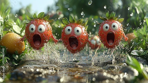 Animated strawberries making a splash in a garden