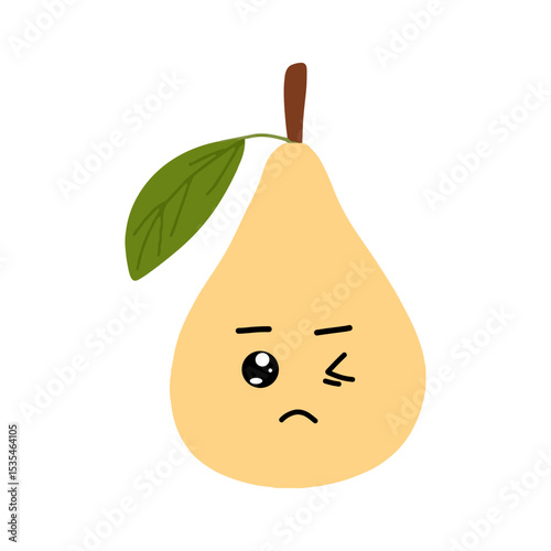 Pear kawaii flat illustration. Stylized vector character with smiling face, sad, cry and variant different expression face. 
