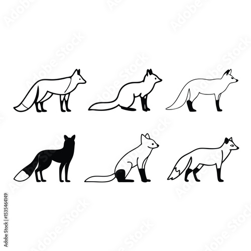 Simple hand drawn black and white fox illustrations in various poses for graphic design