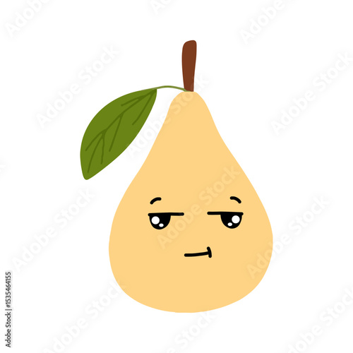 Pear kawaii flat illustration. Stylized vector character with smiling face, sad, cry and variant different expression face. 