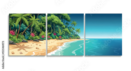 ropical Coastline Landscape for Triptych Wall Art