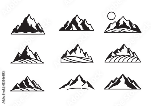 Collection of minimalist mountain designs in black and white for outdoor adventure or travel branding