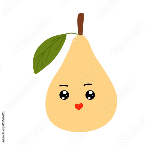 Pear kawaii flat illustration. Stylized vector character with smiling face, sad, cry and variant different expression face. 