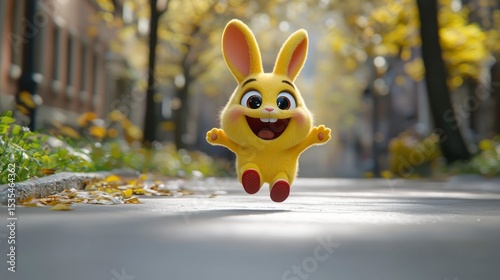 Animated yellow rabbit happily runs on a street
