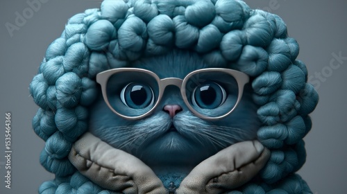 Anthropomorphic blue cat with glasses and fur