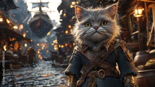 Anthropomorphic cat in a bustling market