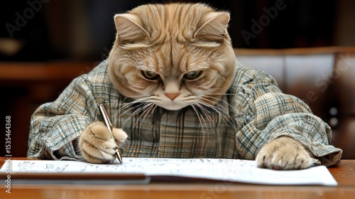 Anthropomorphic cat in a button-down shirt writing