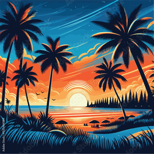 Evening on the beach with palm trees. An evening on the beach with palm trees. Colorful picture for rest. Blue palm trees at sunset. Orange sunset in the blue sky. Vector illustration