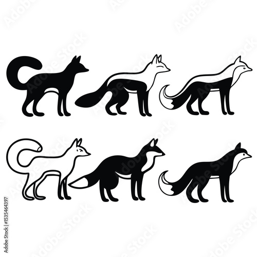 Six stylized black and white fox illustrations in different poses perfect for various creative designs