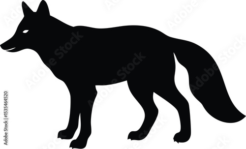 Sleek black silhouette of a fox standing on white background for graphic design