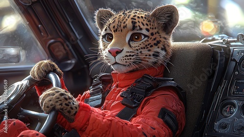 Anthropomorphic cheetah in a vehicle