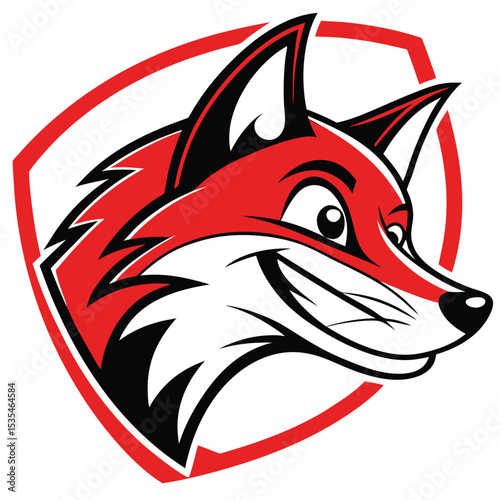 Smiling red fox head logo within a red shield emblem for sports teams or branding