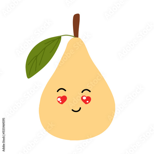 Pear kawaii flat illustration. Stylized vector character with smiling face, sad, cry and variant different expression face. 