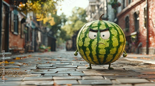 Anthropomorphic watermelon with angry face on street
