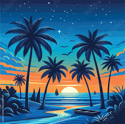 Evening on the beach with palm trees. An evening on the beach with palm trees. Colorful picture for rest. Blue palm trees at sunset. Orange sunset in the blue sky. Vector illustration