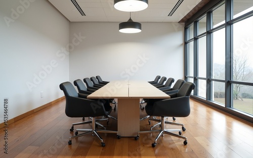 Modern conference room with long table and hardwood floor. High quality