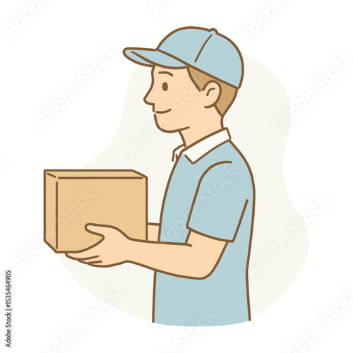 Delivery man holding cardboard box in profile view, wearing blue uniform and cap, flat vector style, logistics concept hand drawn vector illustration