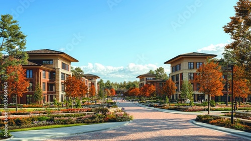Apartment complex with a brick path, trees, and sky