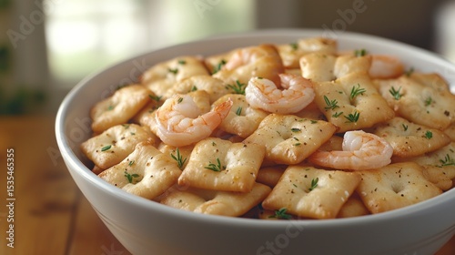 Appetizing crackers with shrimp in a white bowl