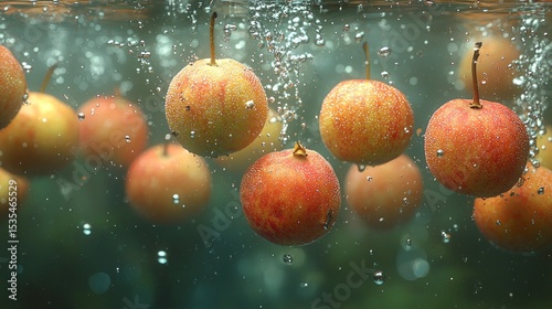 Apples submerged in water with bubbles