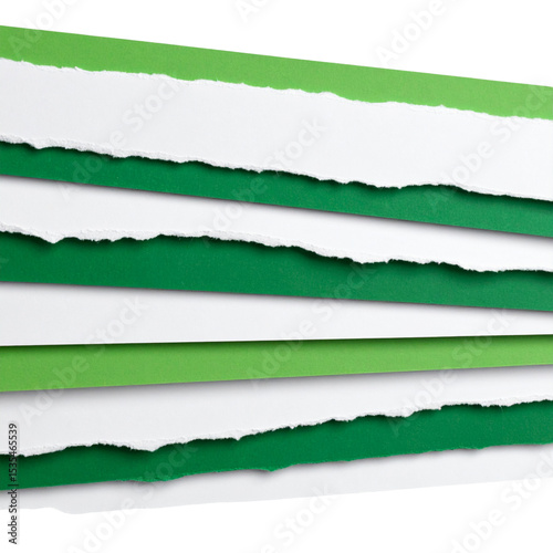 Stacked torn paper layers in green and white colors with center space for text, PNG on transparent background