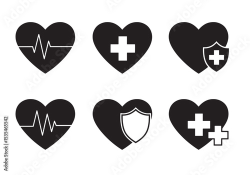 Healthcare and medical themed vector heart icons demonstrating health pulse and protection symbols