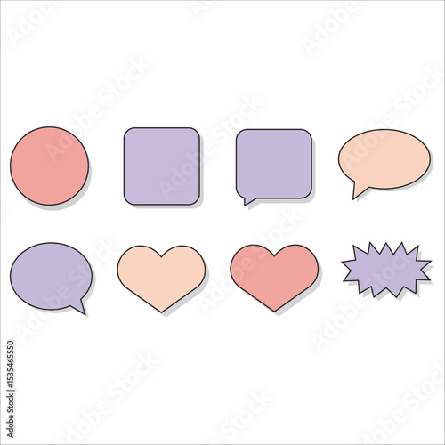 Set of Colorful Vector Speech Bubbles and Shapes Including Circles, Squares, Hearts, and Burst Designs in Pastel Shades for Creative Projects, Social Media Graphics, and Digital Artworks.