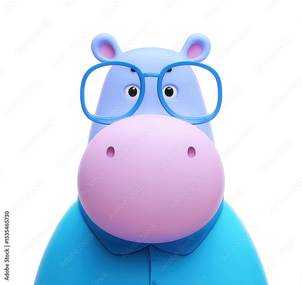 Fototapeta premium Cartoon hippo with glasses and blue shirt facing forward