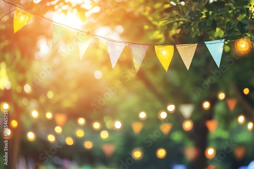festive scene of colorful bunting and string lights hanging in the trees, creating an atmosphere perfect for summer events or wedding venue decor, blurred background