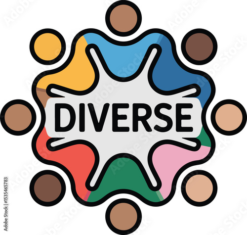 Unity, featuring a ring of people from diverse backgrounds, all holding hands around a central word signifying 'diverse'.
