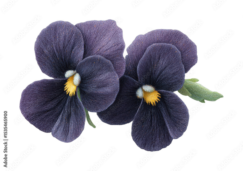 Obraz premium Intricate embroidery art of purple pansies with green leaves